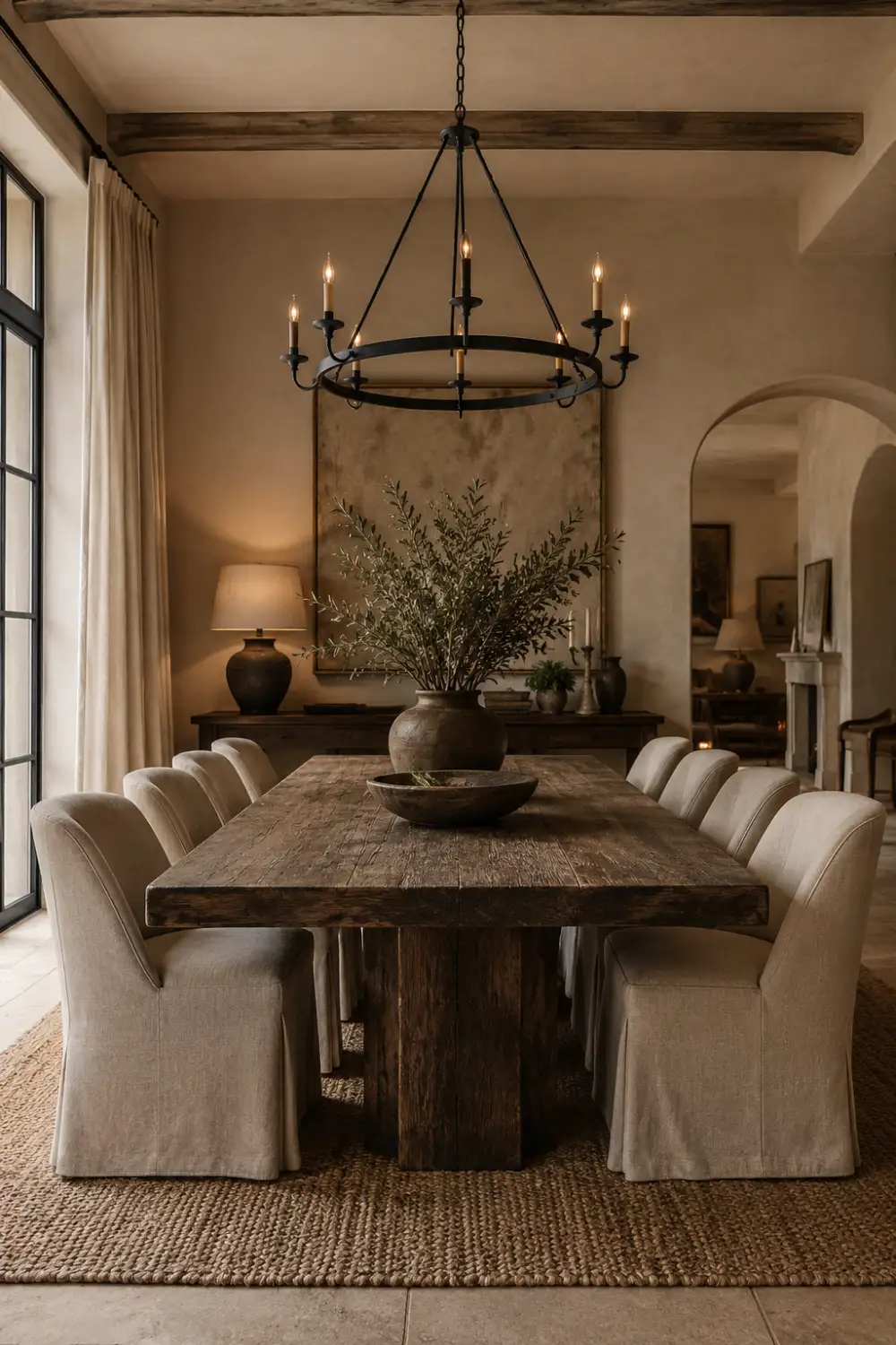 Luxury clay beige dining room with dark rustic wood dining table, cream upholstered chairs, black iron chandelier, textured woven rug, warm neutral walls, elegant modern farmhouse styling, and sophisticated earthy quiet luxury interior design.