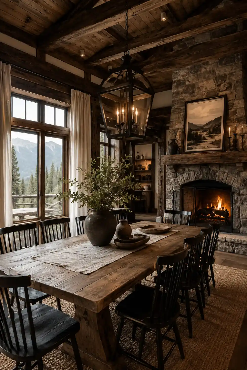 Cozy rustic cabin dining room with dark wooden ceiling beams, reclaimed wood dining table, black spindle chairs, large stone fireplace, lantern chandelier, warm candle lighting, mountain lodge interior, earthy rustic decor, textured natural rug, oversized windows with forest views, and cozy countryside cabin styling.
