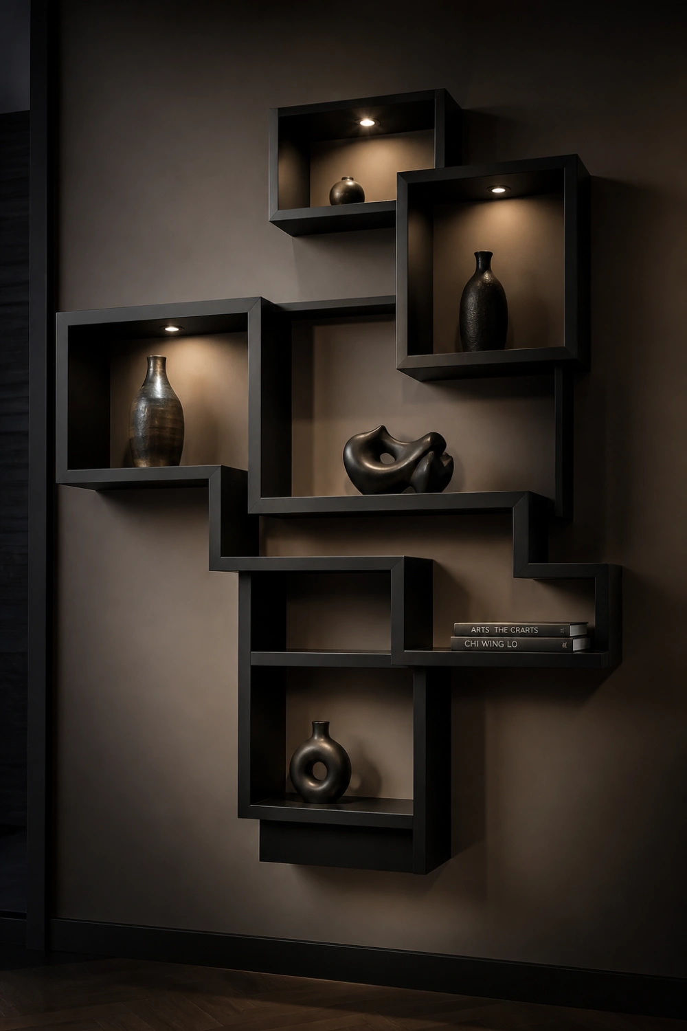 geometric box floating shelf design modern wall shelves black frame wood shelves built in lighting luxury wall decor contemporary interior styling