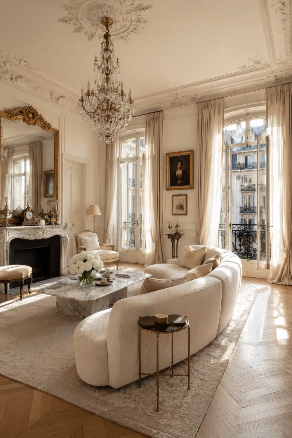 Elegant Parisian old money living room with crystal chandelier, curved ivory sofa, marble coffee table, tall French windows, ornate wall molding, soft neutral decor, warm sunlight, and luxurious quiet luxury apartment interior styling.