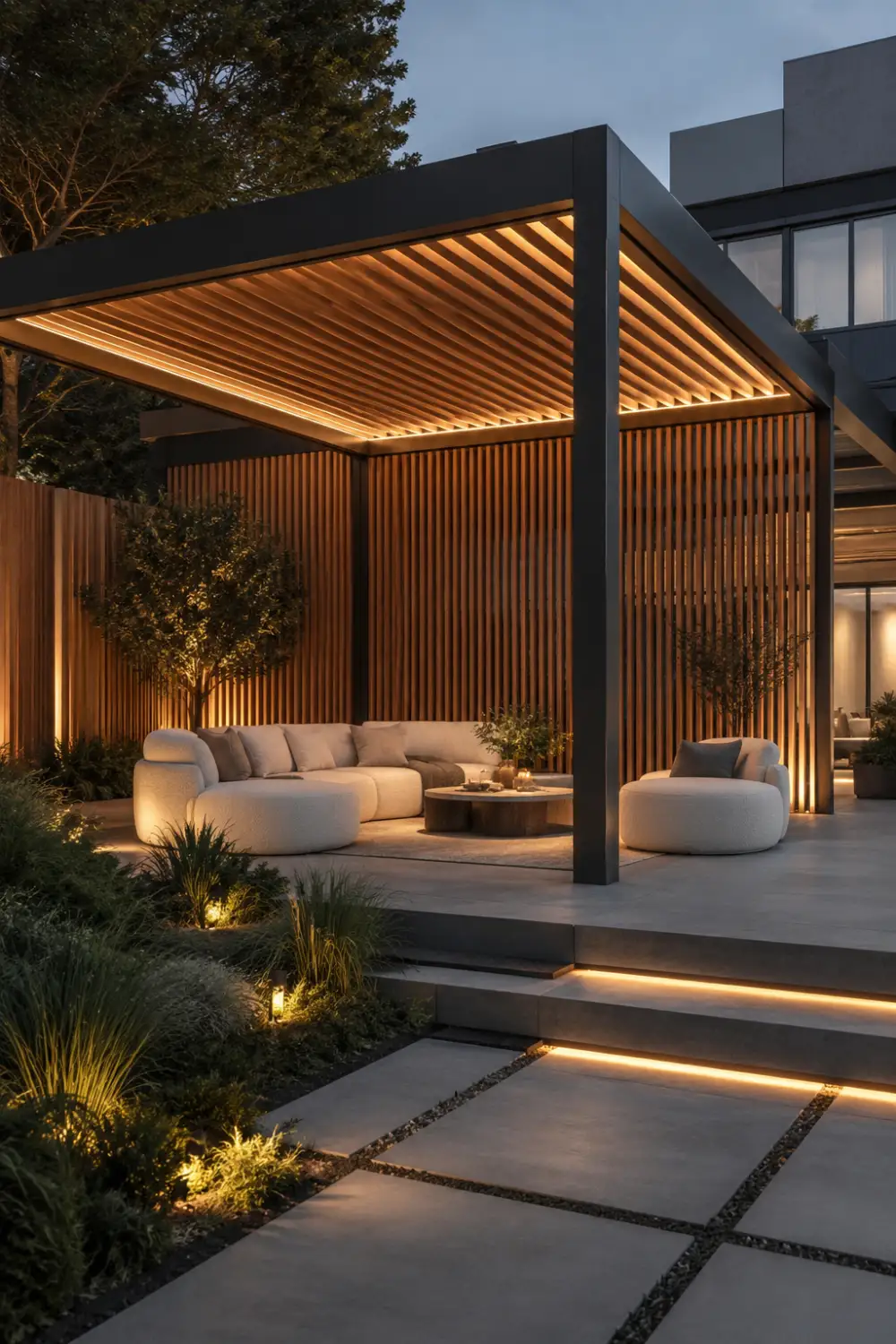Contemporary black gazebo with warm wooden slat walls, soft cream curved seating, hidden LED lighting, stone pathways, and modern luxury backyard landscaping creating a cozy outdoor retreat at night.