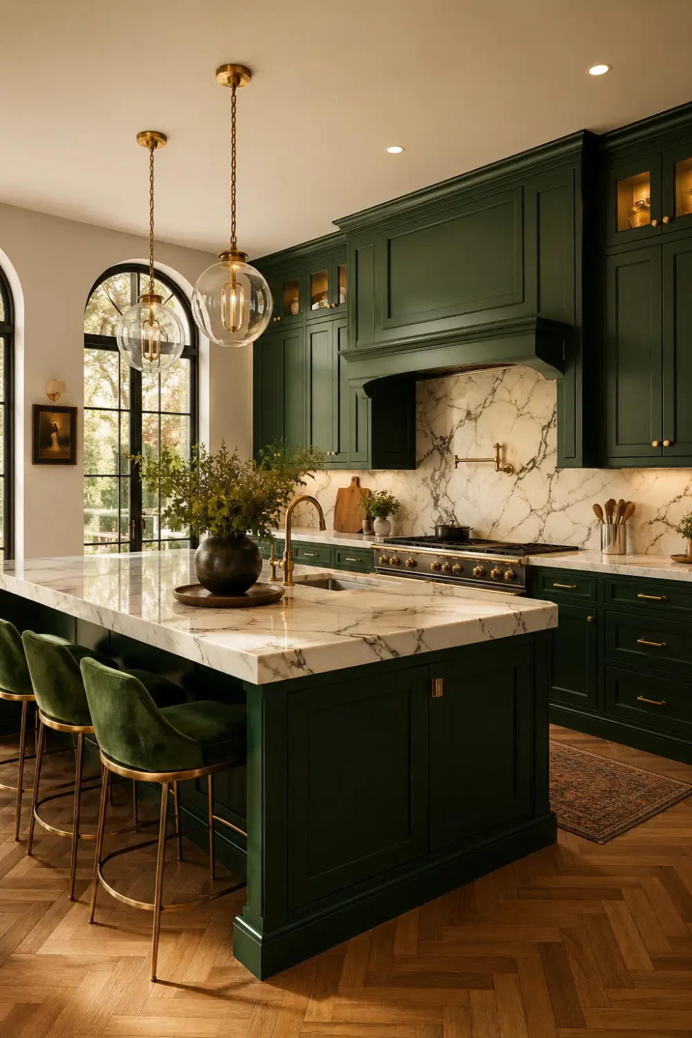 Luxury emerald green kitchen cabinets with white marble countertops, brass fixtures, velvet bar stools, and elegant modern designer kitchen interior