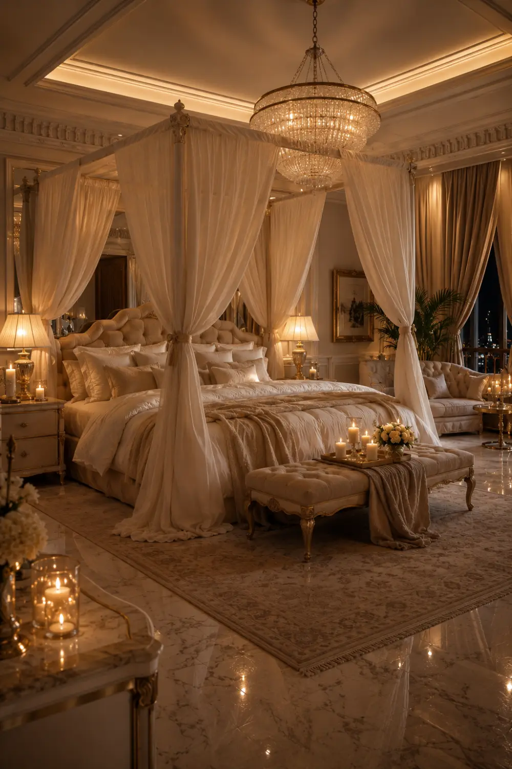 Elegant canopy honeymoon bedroom with flowing sheer curtains, crystal chandeliers, layered white bedding, candlelight decor, marble flooring, luxurious seating area, warm golden lighting, and romantic luxury suite styling.