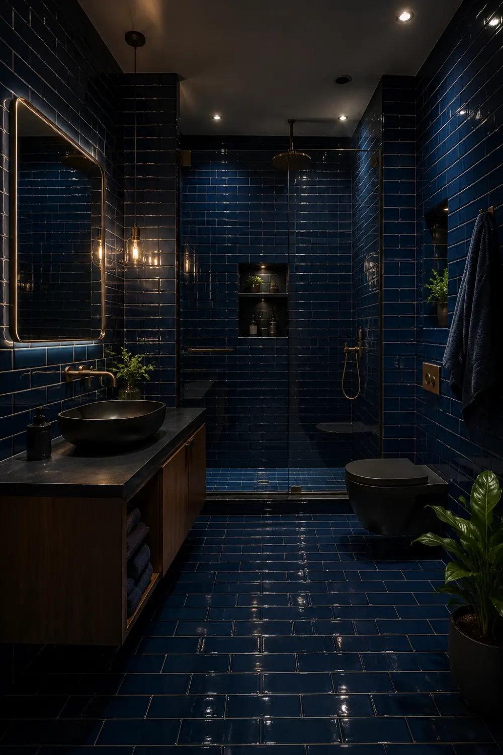 Moody navy blue subway tile bathroom with glossy wall tiles, dark modern vanity, black sink, warm pendant lighting, glass shower, indoor plants, and luxury boutique hotel style interior inspiration.
