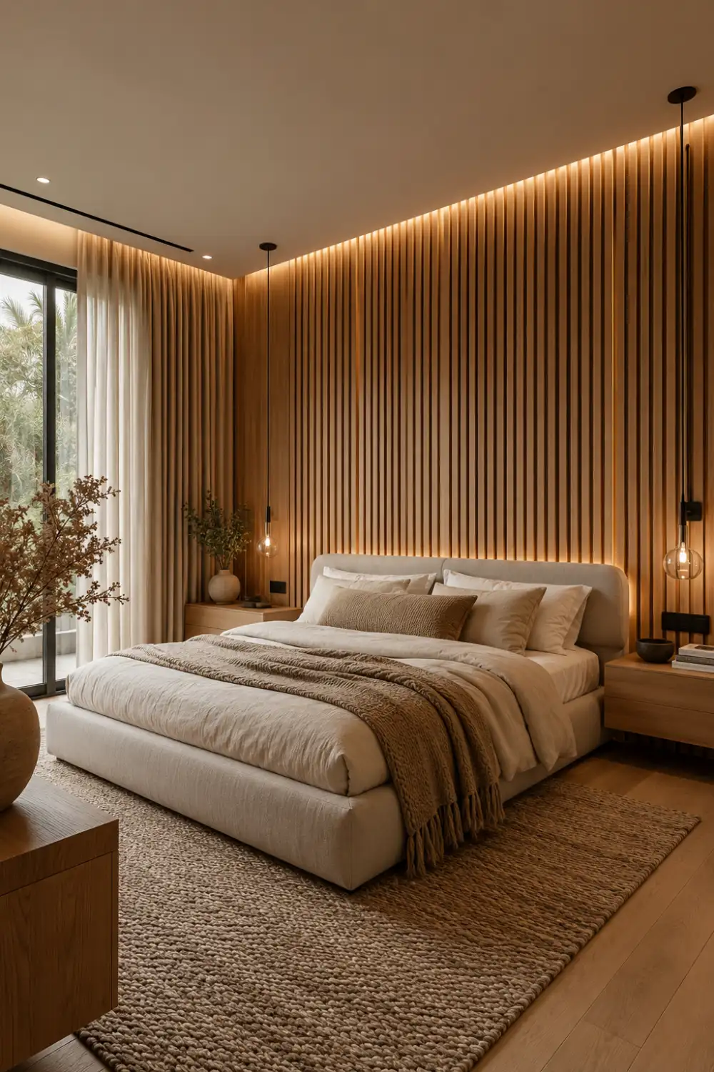 Modern bedroom with warm oak wood slat accent wall, hidden LED lighting, neutral bedding, cozy textures, pendant lights, minimalist furniture, Scandinavian-inspired decor, soft beige tones, and luxury contemporary bedroom interior design.