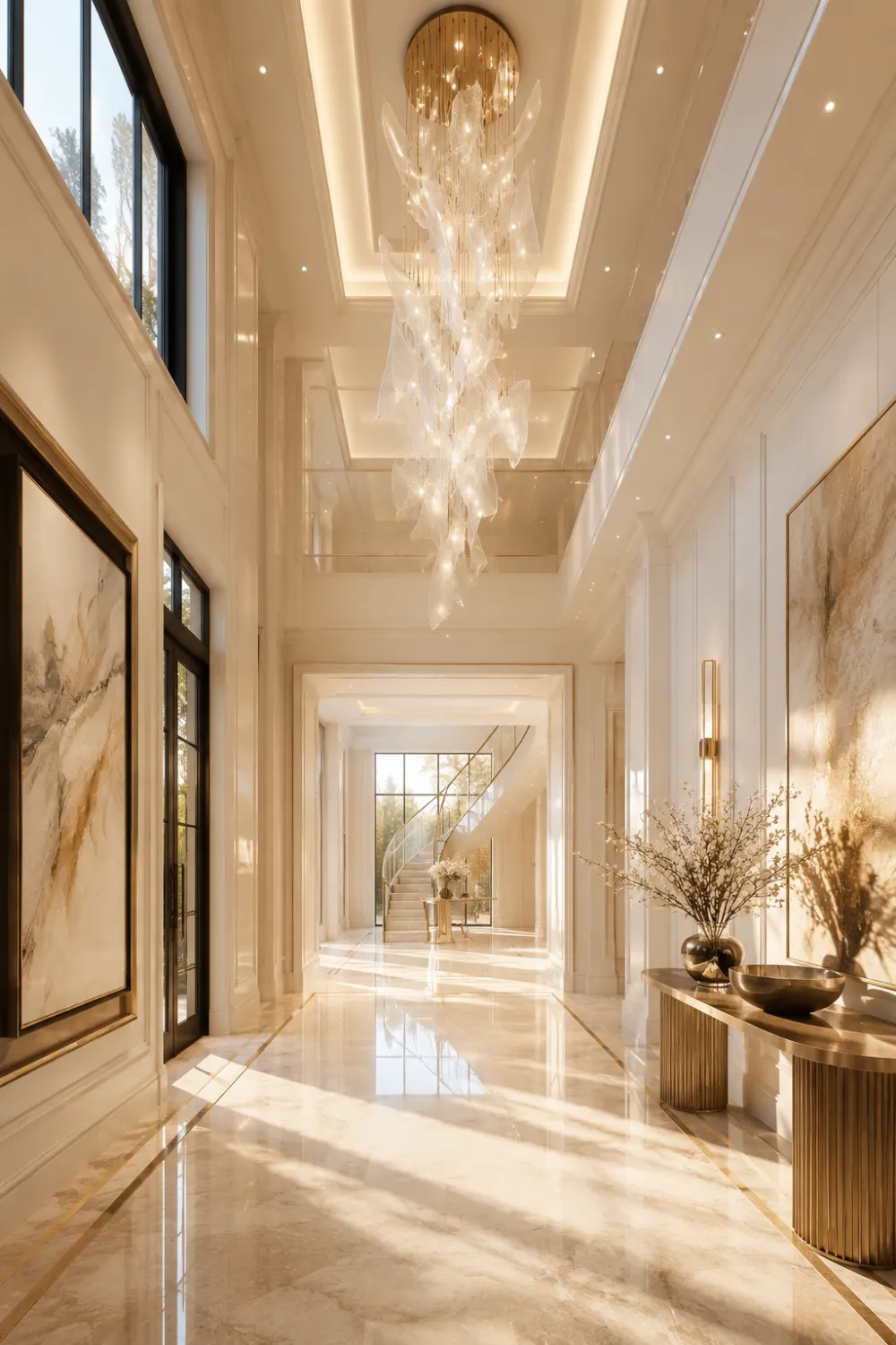 Bright luxury entry hallway with dramatic sculptural chandelier, cream walls, polished marble floors, oversized modern artwork, recessed ceiling lighting, elegant gold accents, tall ceilings, and sophisticated modern mansion entryway design.