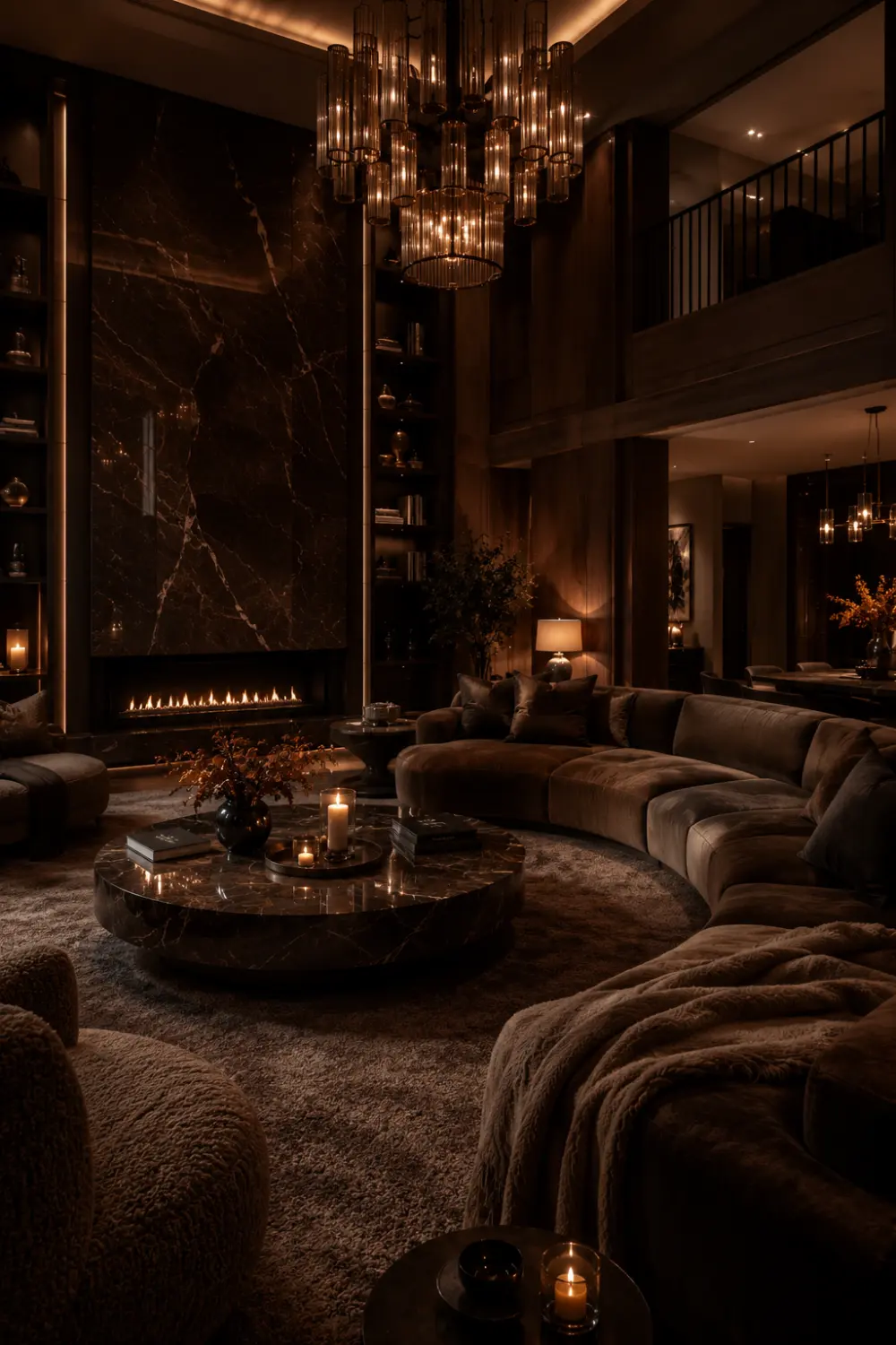 Dark moody luxury living room with dramatic chandelier lighting, marble fireplace wall, plush velvet sectional sofa, warm ambient glow, rich brown tones, cozy autumn decor, and upscale modern mansion interior styling.