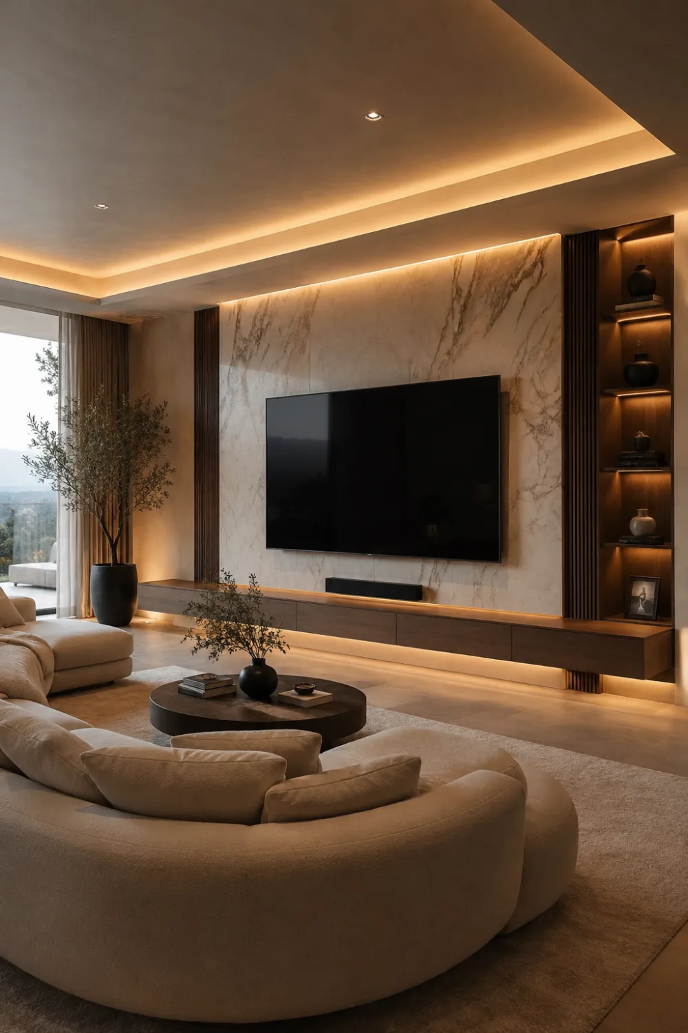 Modern cozy TV wall living room with marble accent wall, floating walnut media unit, hidden LED lighting, curved cream sofa, luxury neutral decor, elegant built-in shelves, and warm modern apartment interior design.
