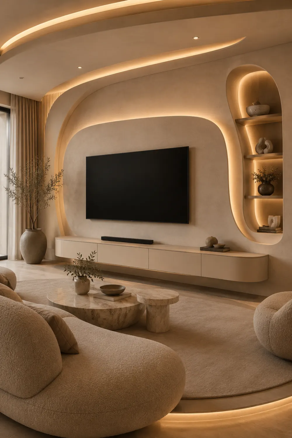 Curved organic TV wall with ambient LED lighting, floating beige media console, sculptural modern wall design, rounded furniture, and luxury neutral living room interior with contemporary architectural styling.