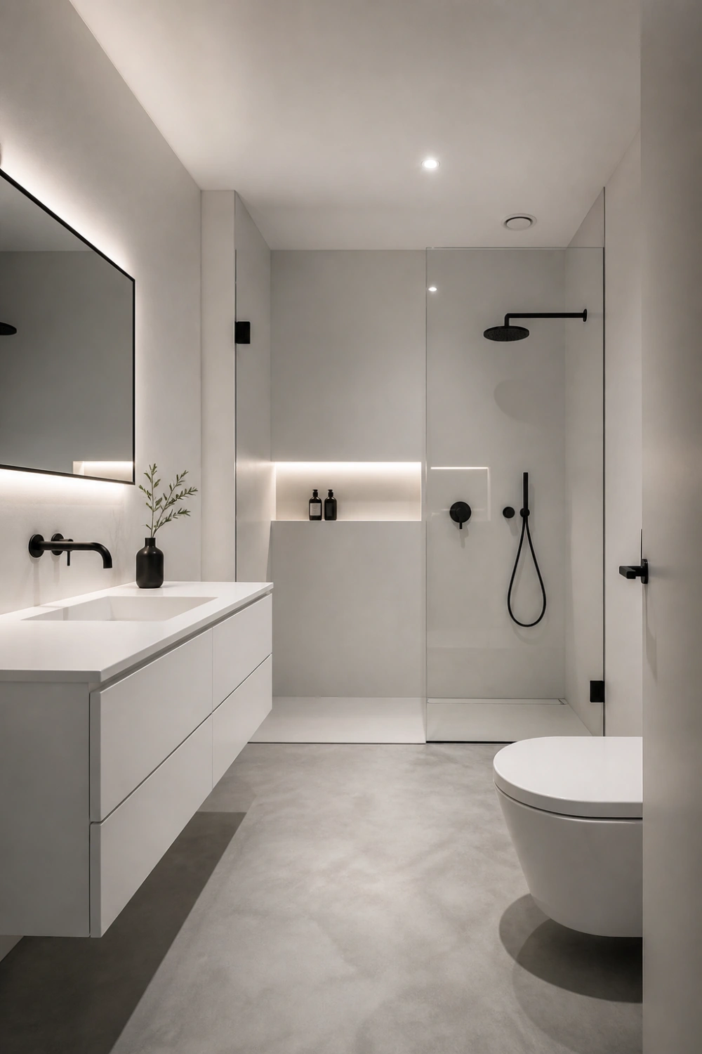 minimalist black and white bathroom with floating white vanity, matte black faucet and shower fixtures, frameless glass shower, clean white walls, soft lighting, modern small bathroom design