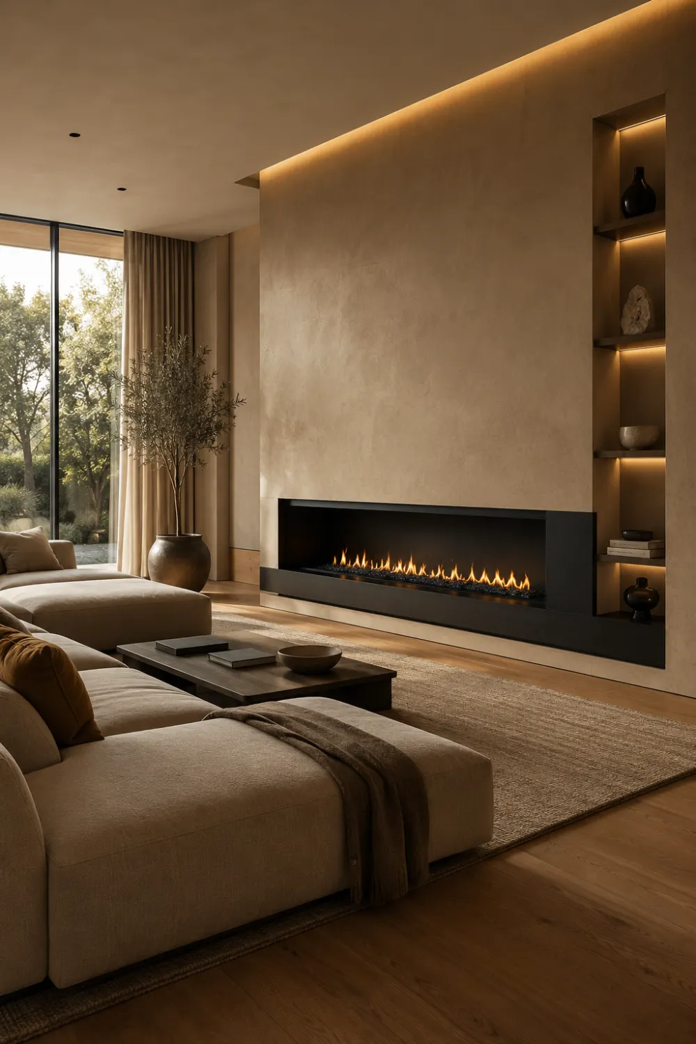 Floor-to-ceiling stone fireplace wall with modern beige living room decor, soft ambient lighting, luxury neutral furniture, and elegant contemporary interior styling