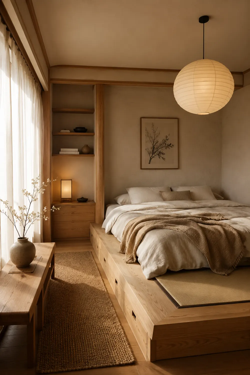 Small tatami style Japandi bedroom with raised wooden platform bed, built-in storage drawers, oversized paper lantern light, woven rug, warm oak wood textures, and soft neutral bedding in a cozy Zen-inspired space.