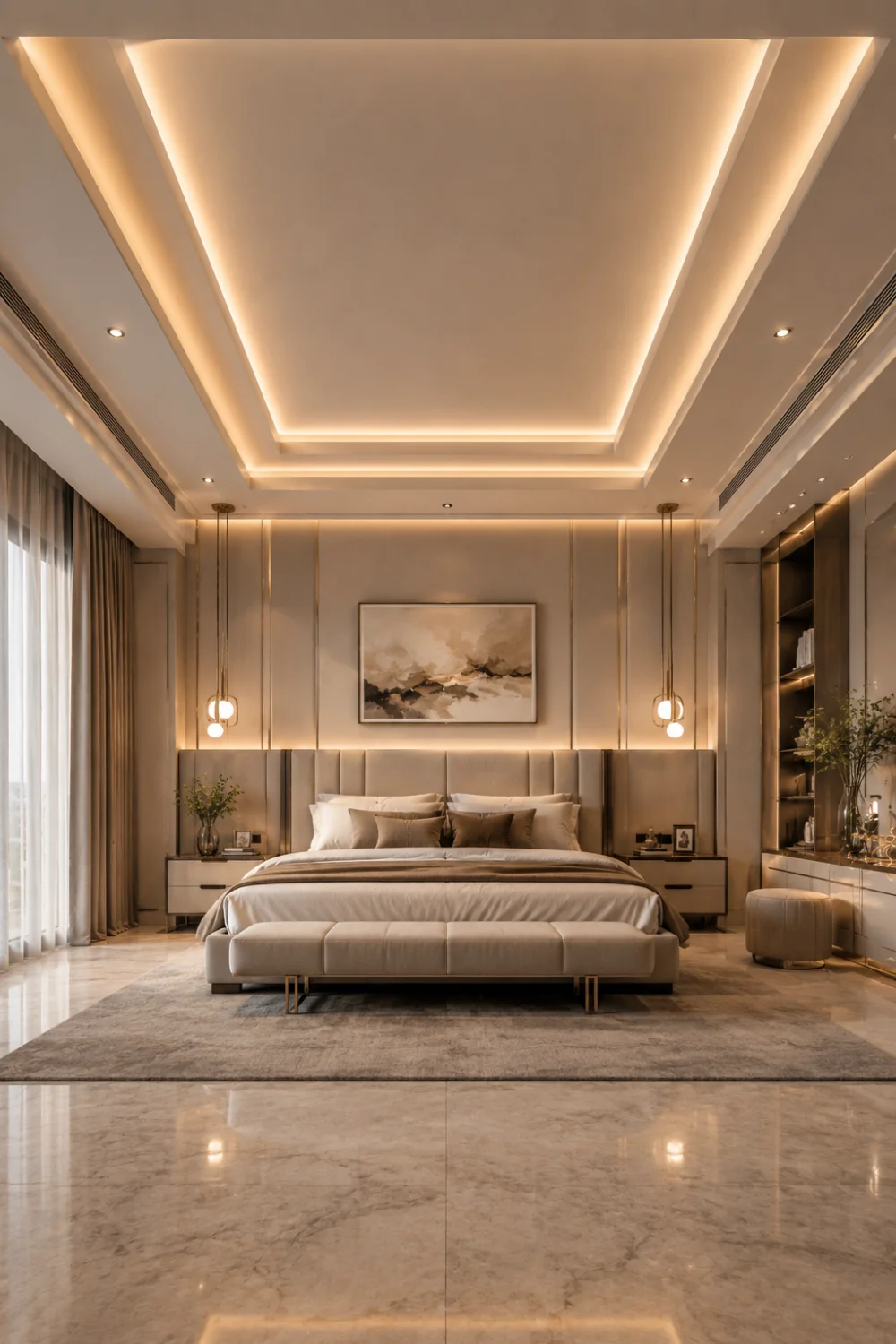 Modern floating tray ceiling design with hidden warm LED lighting in a luxury bedroom featuring elegant neutral decor and sophisticated hotel-inspired interior styling.