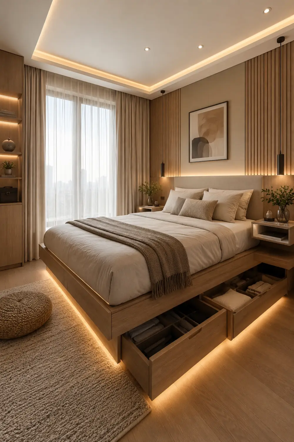 Modern tiny bedroom with platform storage bed, hidden drawers, warm ambient LED lighting, floating nightstands, wood panel walls, and cozy minimalist small room decor inspiration.