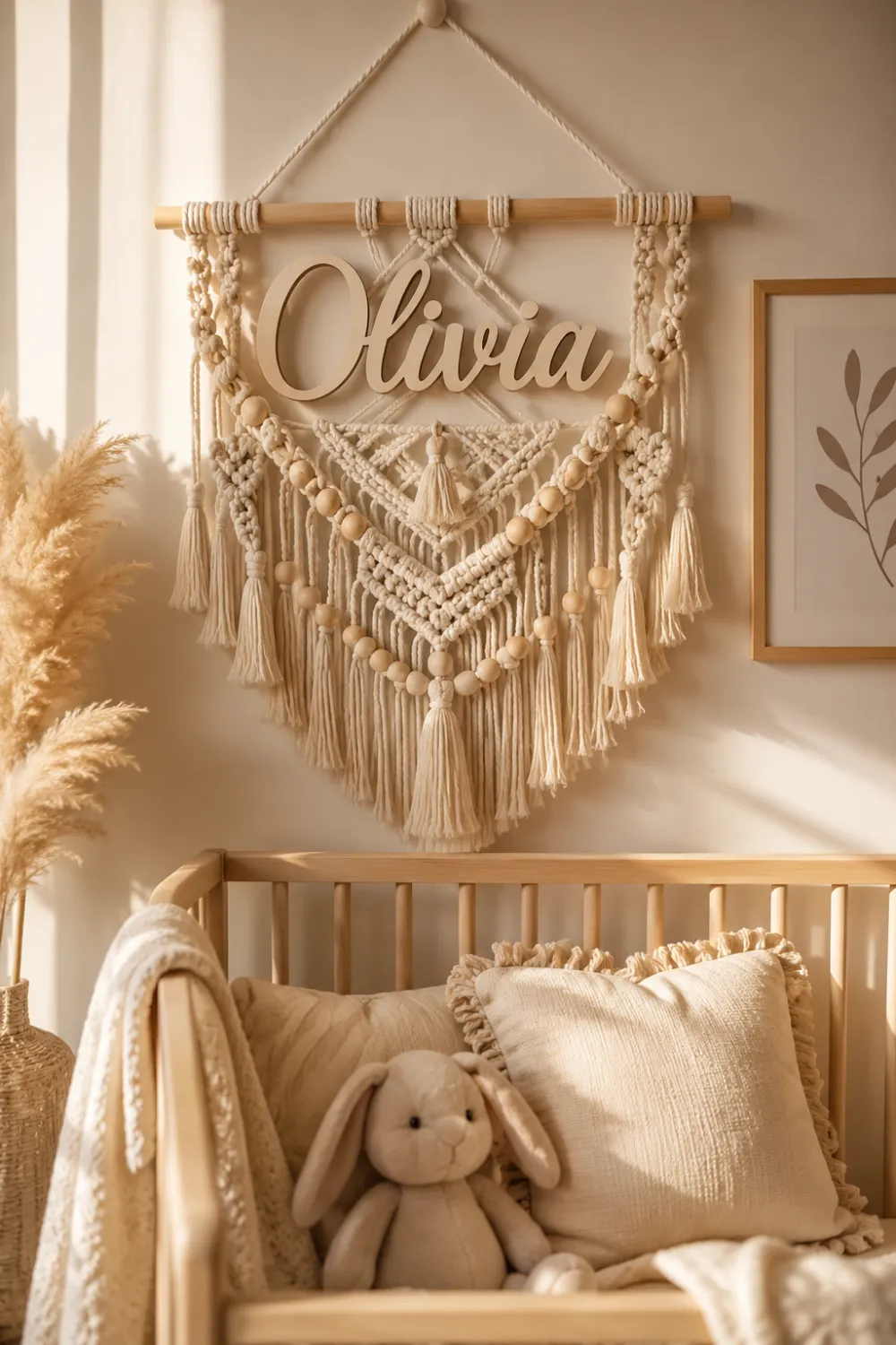 Personalized nursery macrame wall hanging with custom wooden name sign, woven tassels, wooden beads, and soft neutral cotton textures styled above a cozy baby crib in a warm boho nursery room.
