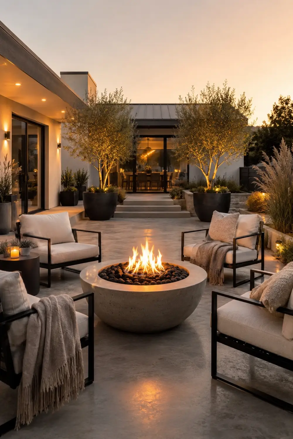 Minimalist concrete fire bowl patio with modern black outdoor chairs, soft neutral cushions, warm sunset lighting, smooth concrete flooring, elegant landscaping, and luxury contemporary backyard design.