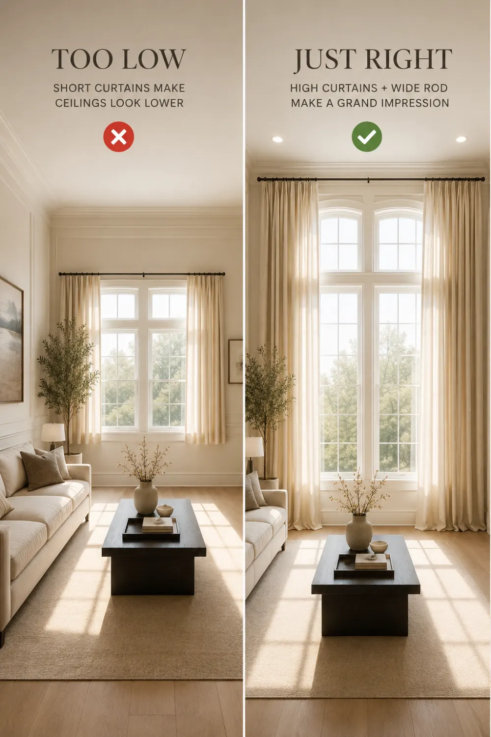 Curtains hung too low versus ceiling height curtains in elegant neutral modern living room interior