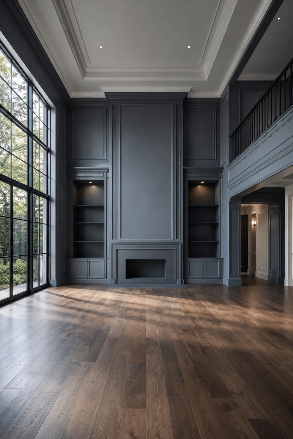 Luxury deep slate navy living room with dramatic wall paneling, tall ceilings, dark blue paint, and elegant modern interior design inspiration.