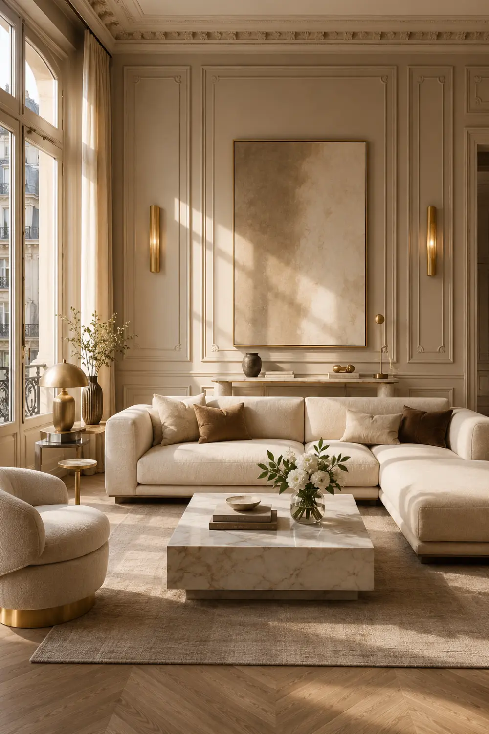 Elegant luxury living room with oversized beige wall molding panels, cream sectional sofa, marble coffee table, gold lighting accents, soft neutral decor, tall windows, and sophisticated Parisian-inspired interior styling with warm natural sunlight.