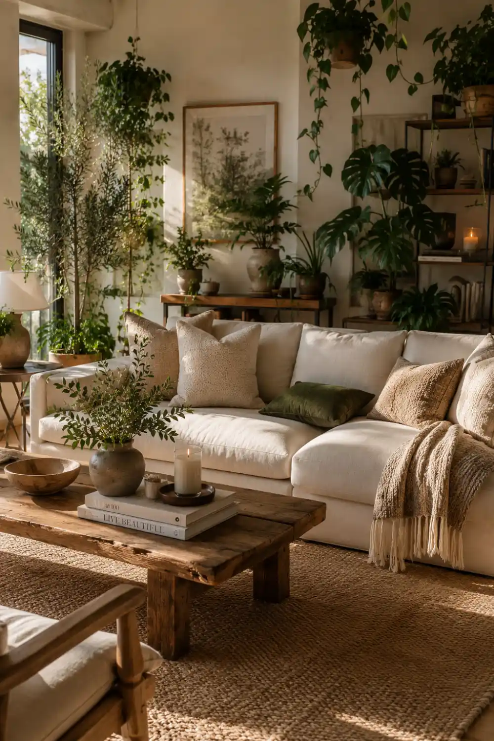 Modern cozy apartment living room filled with indoor plants, cream sectional sofa, textured neutral pillows, wooden coffee table, woven rug, hanging greenery, warm natural sunlight, and earthy modern decor creating a relaxing Pinterest-inspired apartment aesthetic perfect for renters and cozy home styling ideas.