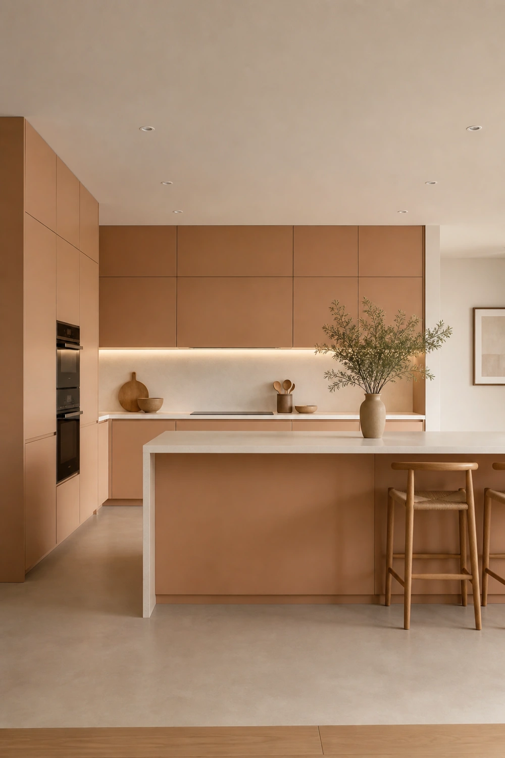 minimal peach kitchen with flat panel cabinets, handleless design, under cabinet lighting, clean modern layout, soft warm neutral kitchen aesthetic