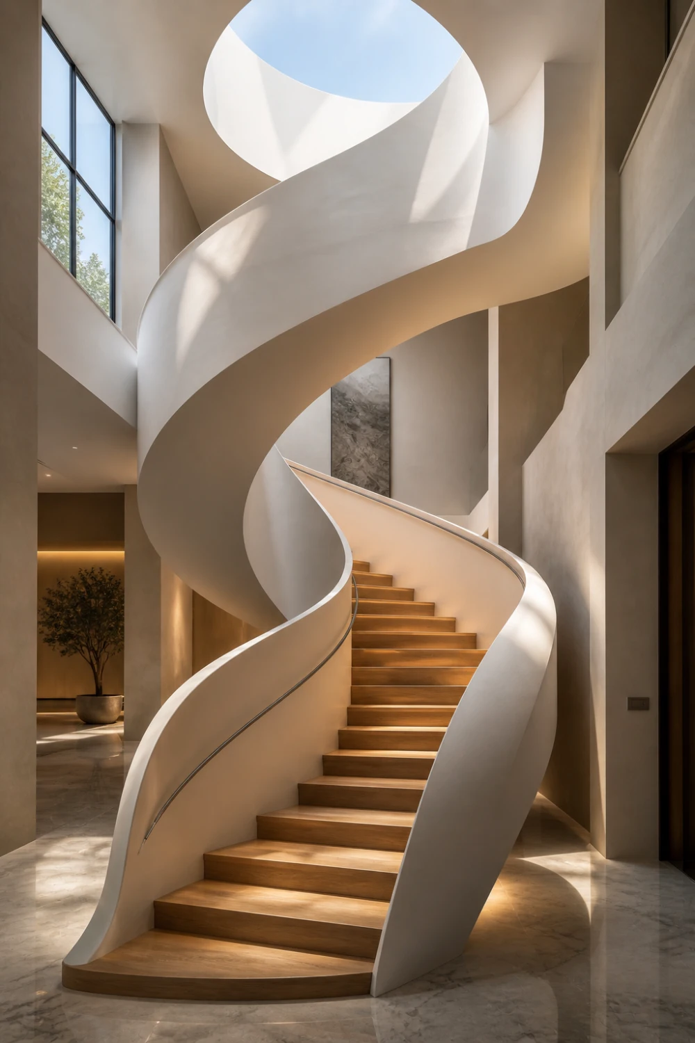 curved sculptural staircase with smooth white structure, wooden steps, skylight lighting, luxury modern interior design