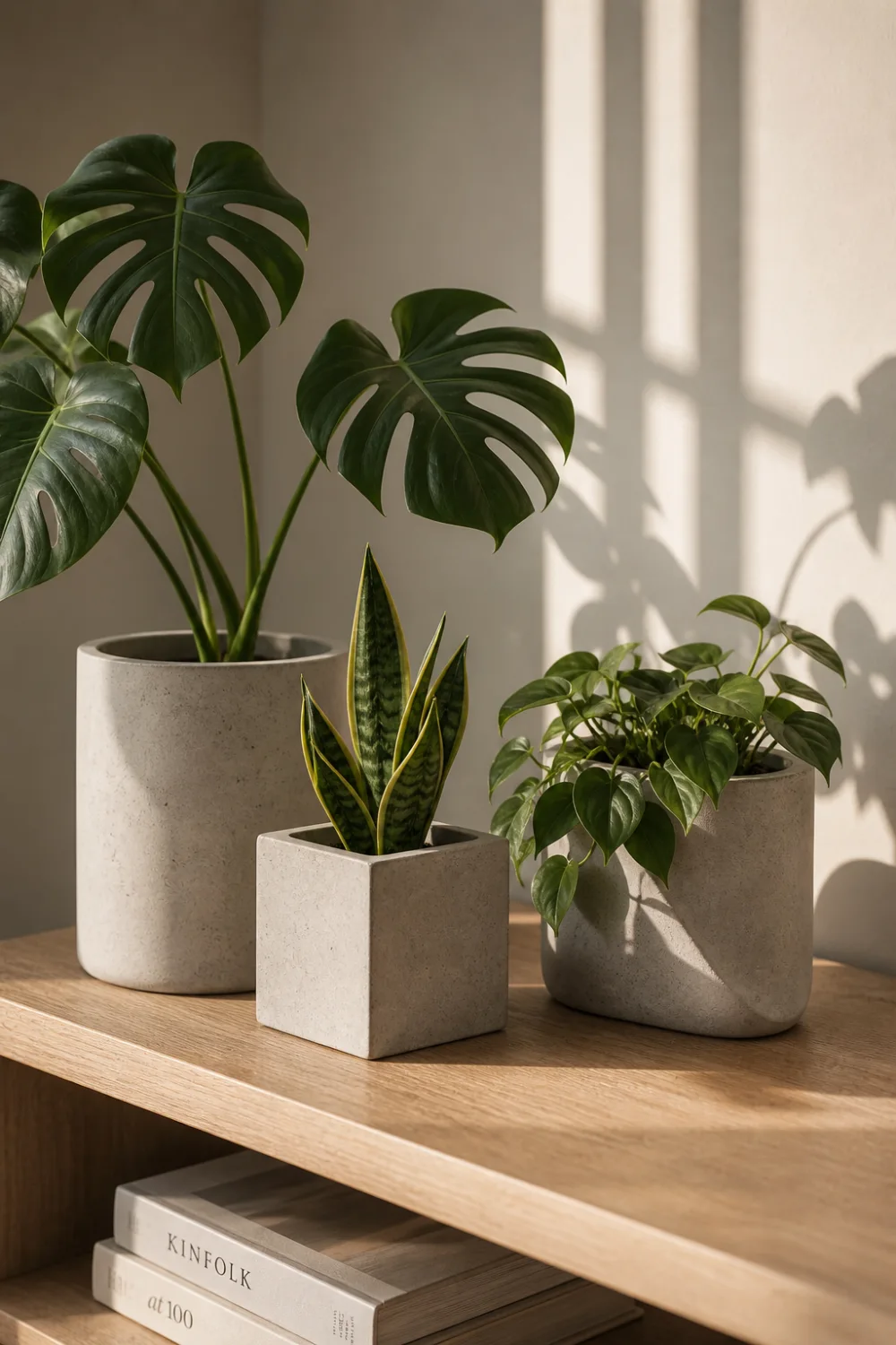 DIY concrete planters with monstera snake plant and indoor greenery on wooden shelf soft sunlight modern scandinavian home decor neutral aesthetic