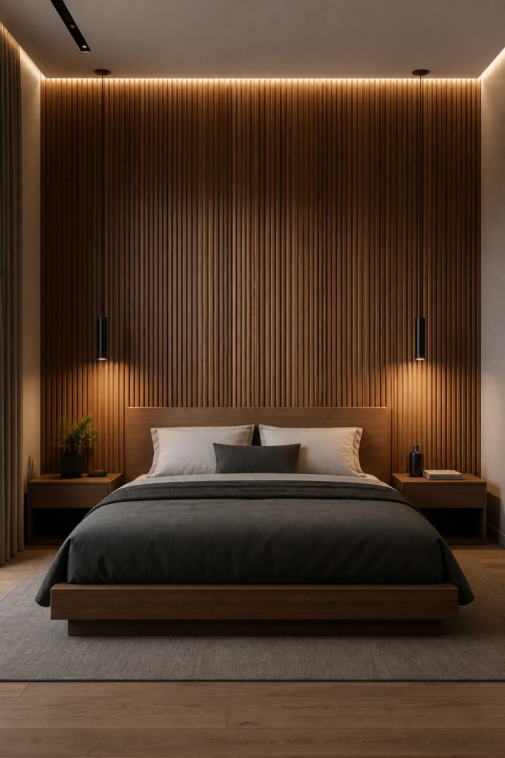 wooden slat panel headboard modern bedroom vertical wood slats warm lighting minimal bed setup natural texture luxury bedroom decor clean lines aesthetic