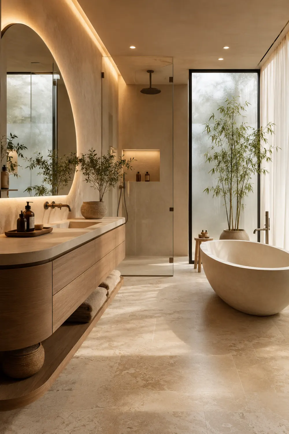 Serene Japandi bathroom with curved wood vanity, freestanding soaking tub, oversized backlit mirror, soft beige stone finishes, frameless glass shower, indoor bamboo plants, warm lighting, and luxury spa-inspired modern minimalist interior design.