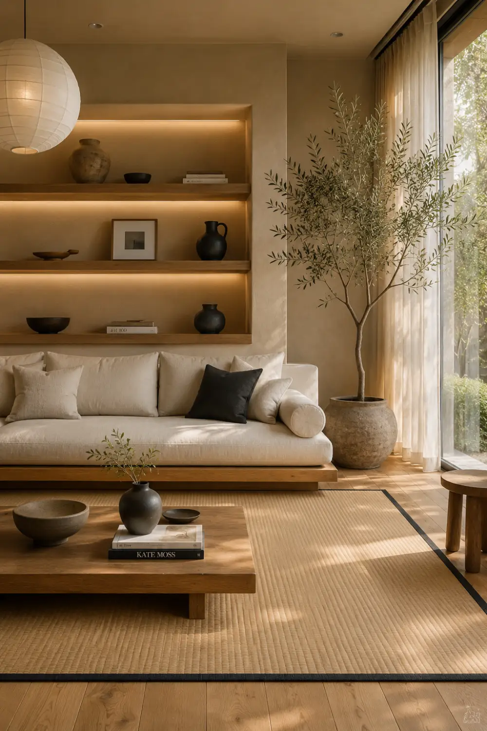 Japandi style living room with woven neutral rug, warm wooden furniture, beige sofa, soft ambient lighting, indoor olive tree, and cozy minimalist decor with calming earthy tones and modern luxury styling.