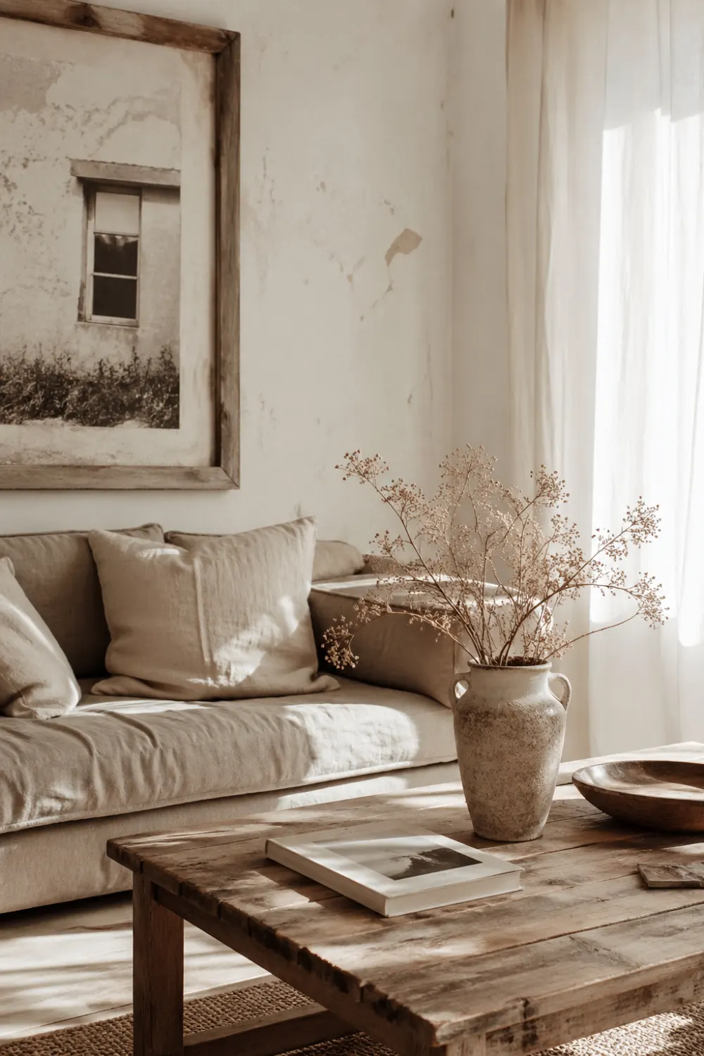 sun faded neutral living room decor beige sofa rustic wood table linen textures soft sunlight cozy calm aesthetic interior design