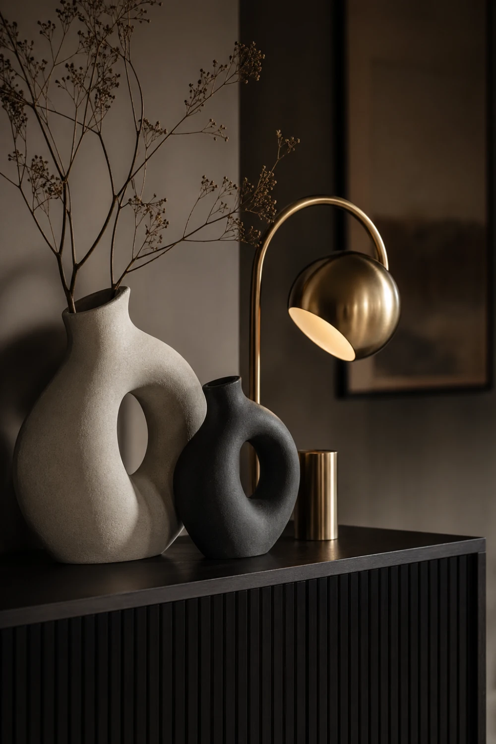 sculptural decor vases modern interior styling black white ceramic vases artistic home decor gold lamp moody aesthetic