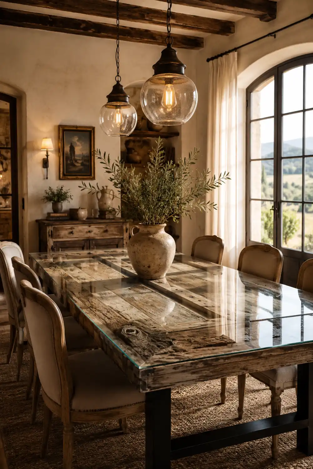 Vintage wooden door transformed into a rustic farmhouse dining table with glass tabletop, warm pendant lights, upholstered dining chairs, exposed wooden beams, and elegant neutral dining room decor.