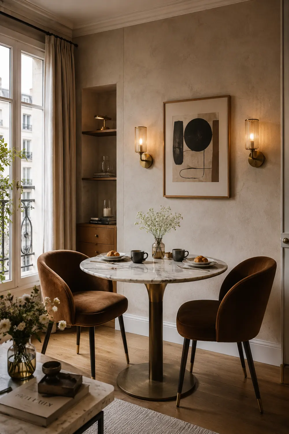Small studio apartment dining nook with round marble table, velvet dining chairs, warm wall sconces, neutral decor, and elegant cozy apartment styling with luxury modern aesthetic.