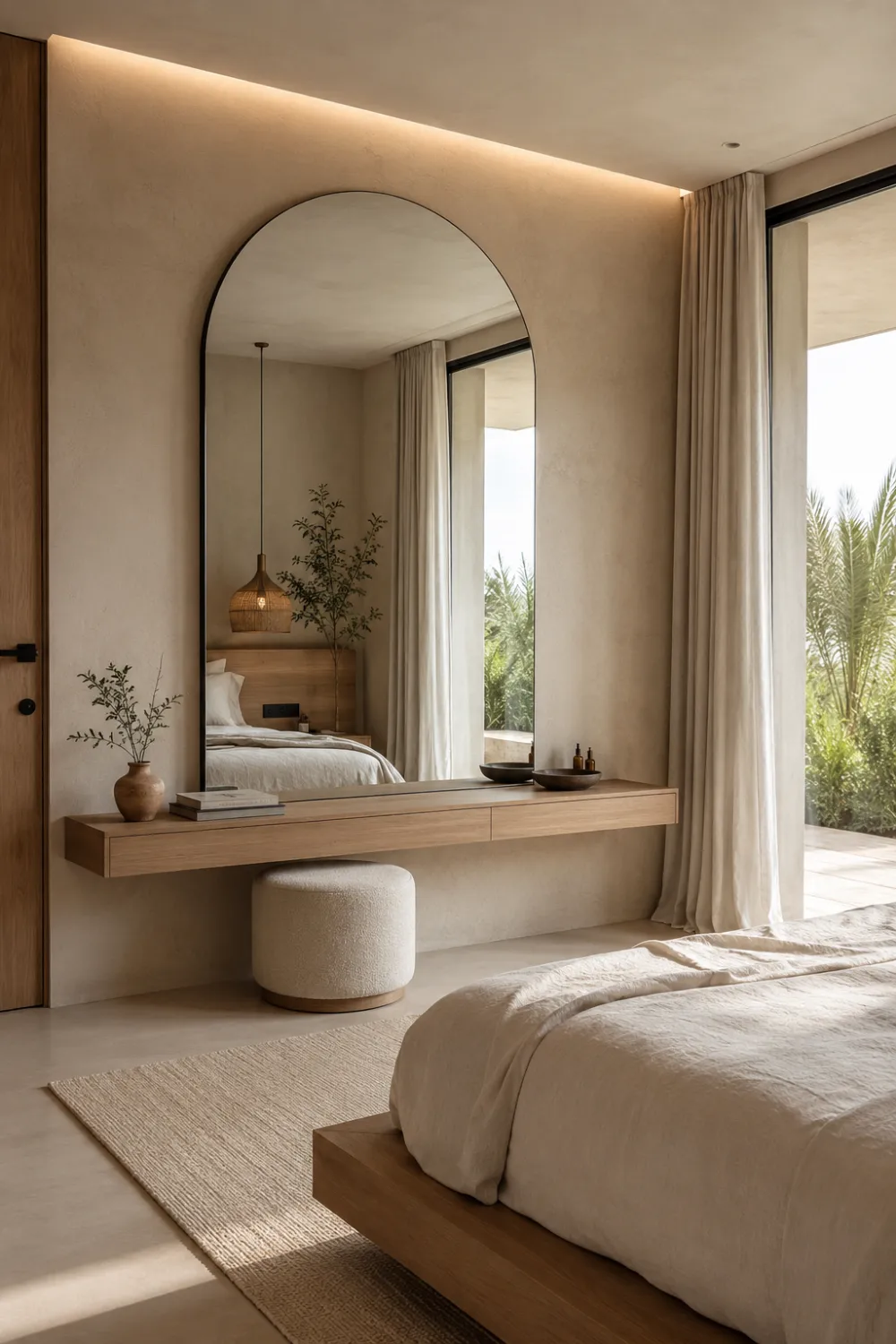 Minimalist frameless arch mirror above a floating wood vanity in a modern neutral bedroom with soft linen bedding, textured walls, natural sunlight, earthy decor accents, and calming organic luxury interior styling.