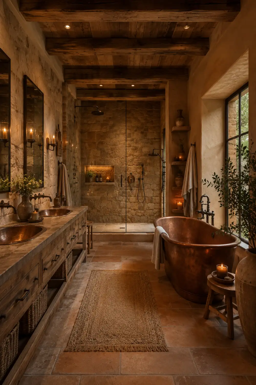 Rustic earthy bathroom with exposed wooden ceiling beams, textured stone walls, copper soaking bathtub, candlelight decor, vintage-inspired vanity, woven textures, and cozy warm lighting creating a luxurious spa retreat atmosphere.