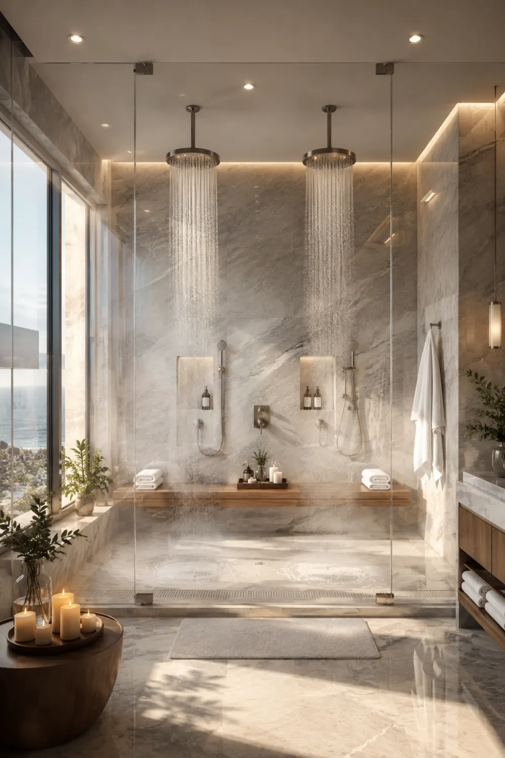 Double rainfall shower setup with marble walls, frameless glass panels, wood bench seating, soft warm lighting, and luxury resort-style modern bathroom design.