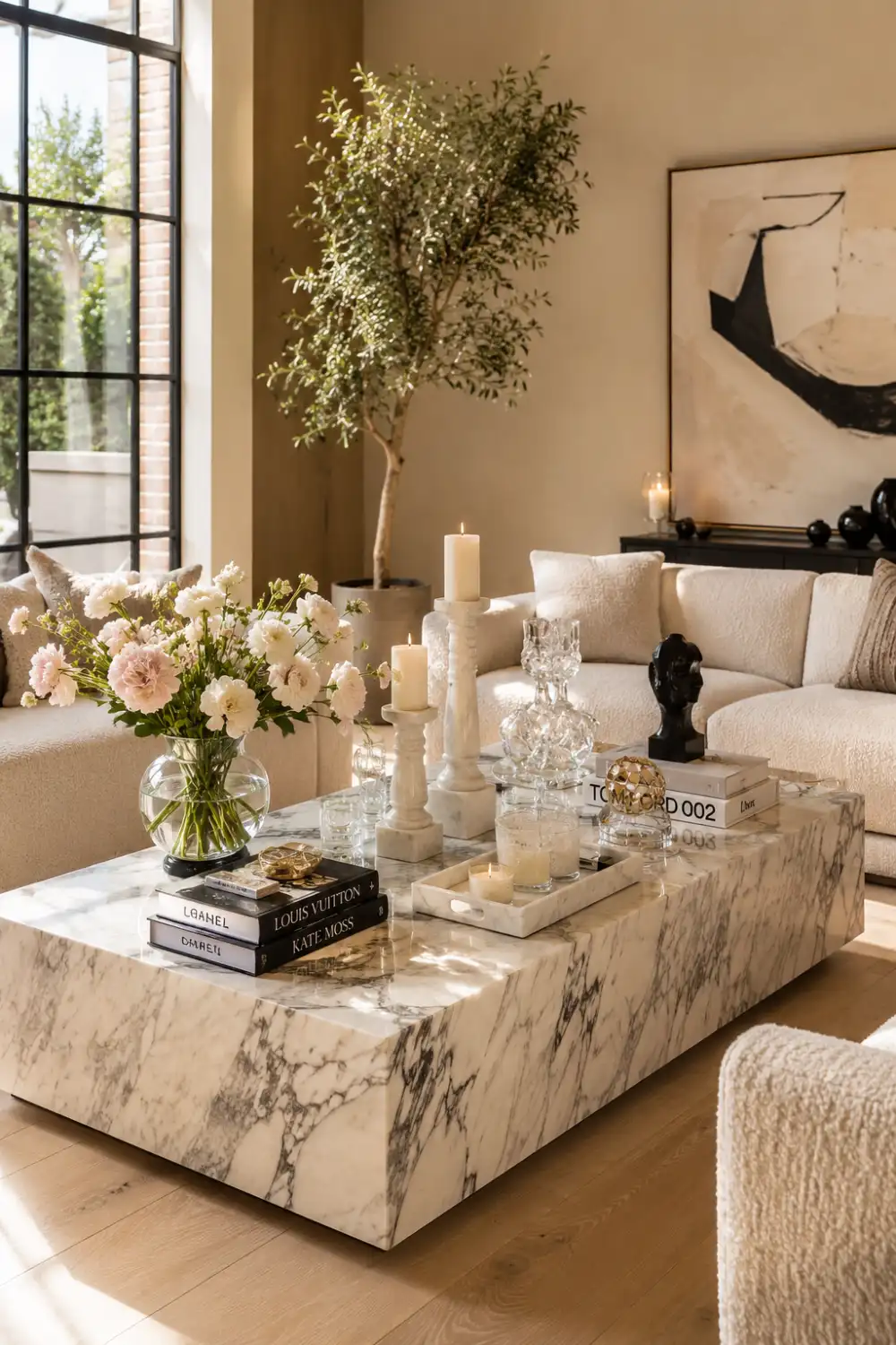 Luxury marble coffee table styled with crystal decor, candles, fashion books, fresh floral arrangements, and elegant neutral accessories inside a bright modern living room. Soft cream seating, warm wood flooring, and natural daylight create an upscale designer-inspired Pinterest home aesthetic.