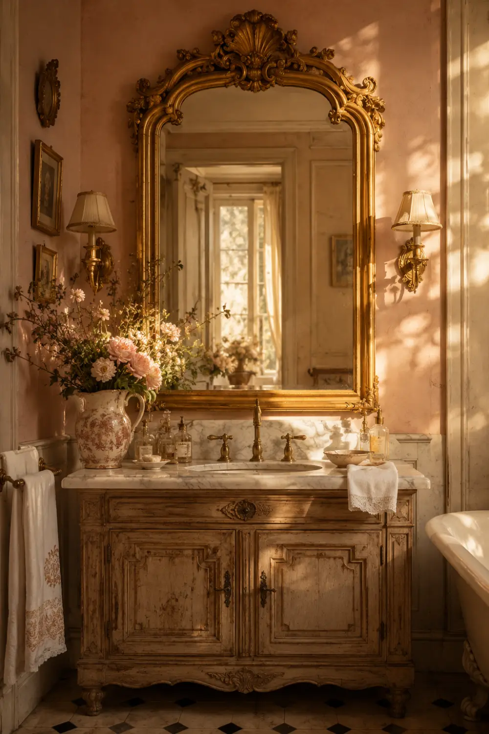 Luxury vintage bathroom with oversized ornate gold mirror, rustic wooden vanity, marble countertop, antique brass faucet, soft sunlight, and elegant old-world decor.