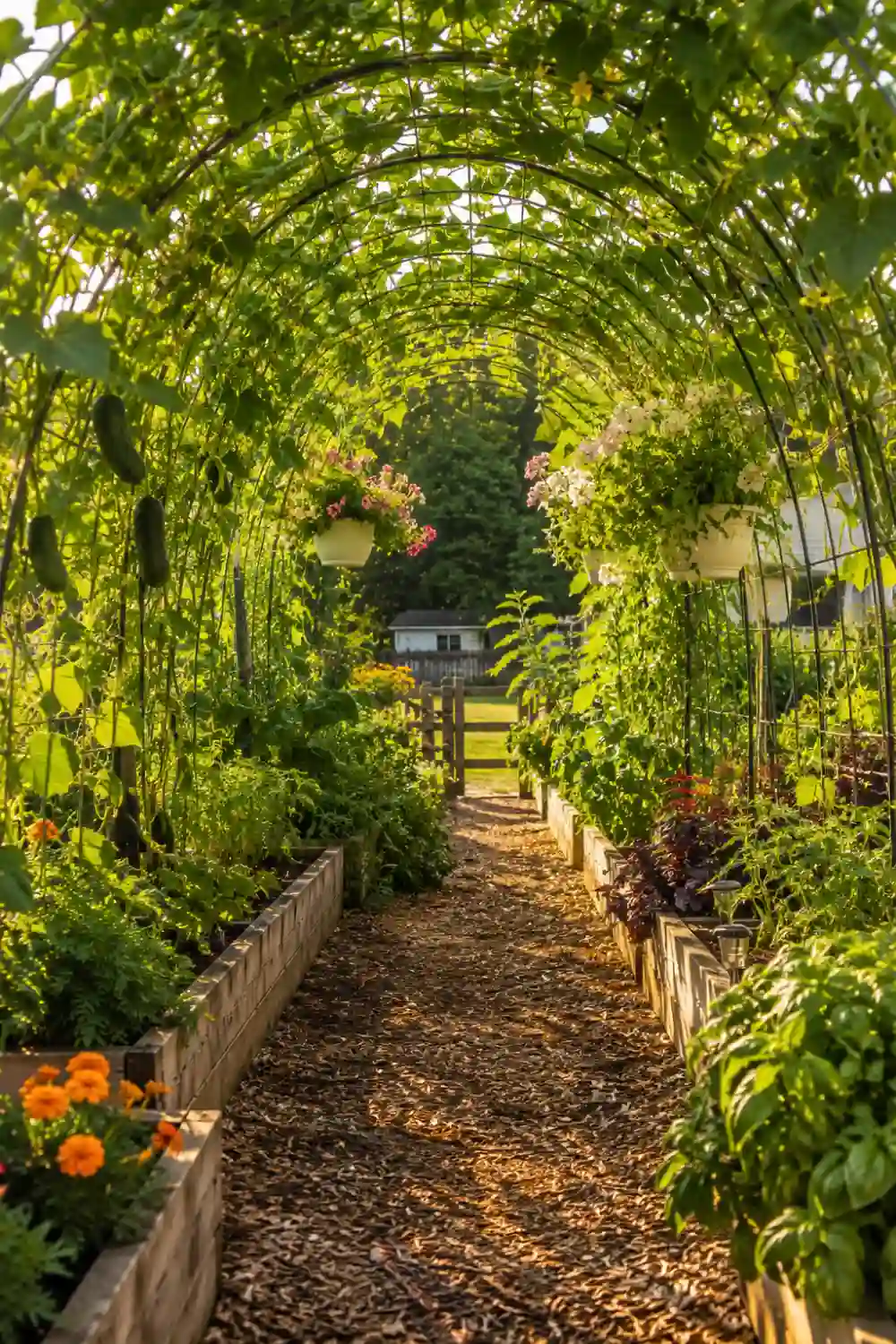 Garden tunnel trellis arch covered in lush vegetable vines and hanging plants above a rustic mulch pathway surrounded by raised garden beds and warm golden sunlight.