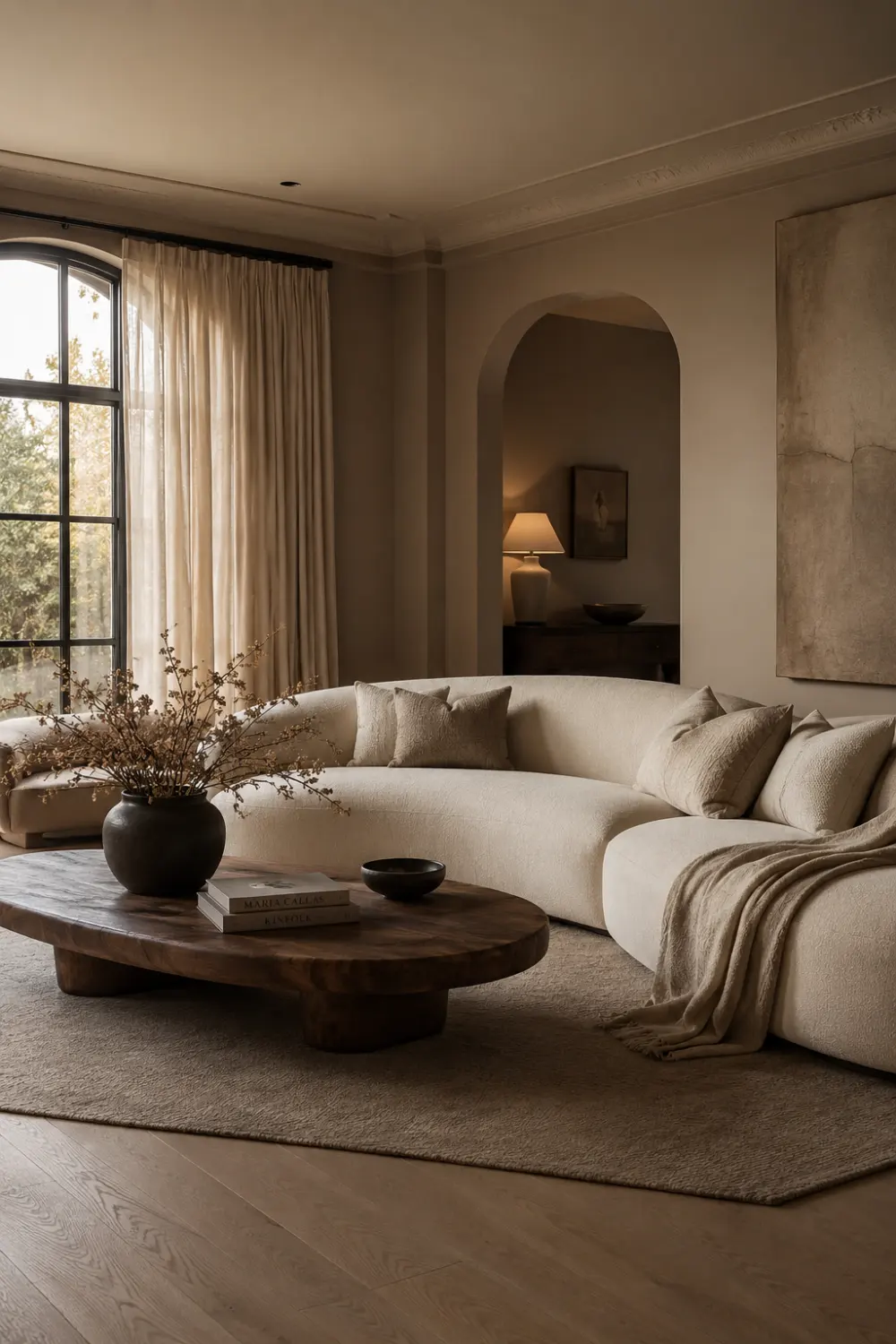 Modern mushroom taupe quiet luxury living room with oversized curved cream sofa, dark wood coffee table, textured neutral decor, soft layered fabrics, elegant arched doorway, and warm sophisticated interior styling with earthy designer tones.
