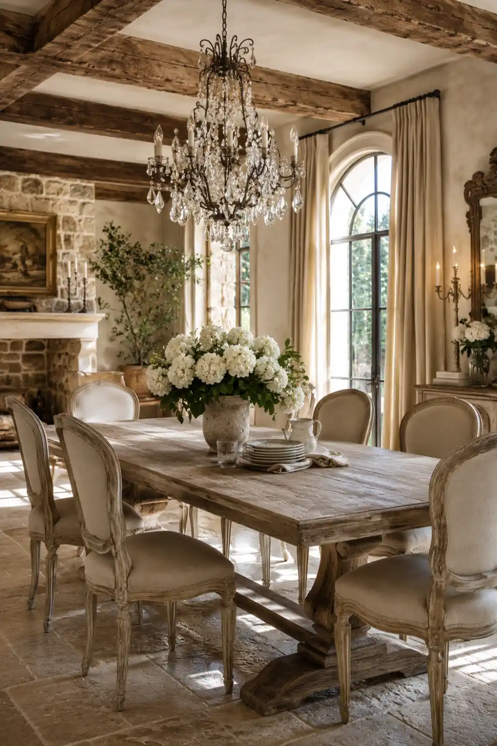 Rustic French country dining room with antique wood dining table, vintage upholstered chairs, crystal chandelier, exposed wooden ceiling beams, stone fireplace, soft cream curtains, floral centerpiece, warm natural sunlight, elegant countryside decor, and luxurious French farmhouse interior styling.