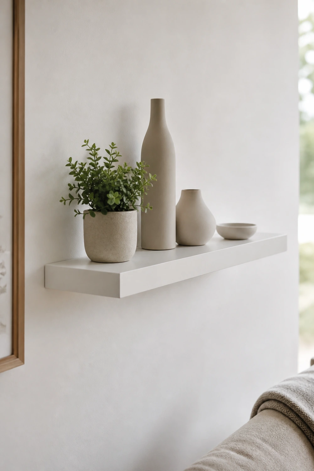 sleek white floating shelf minimalist wall decor modern neutral styling small space shelf ideas clean aesthetic DIY floating shelves