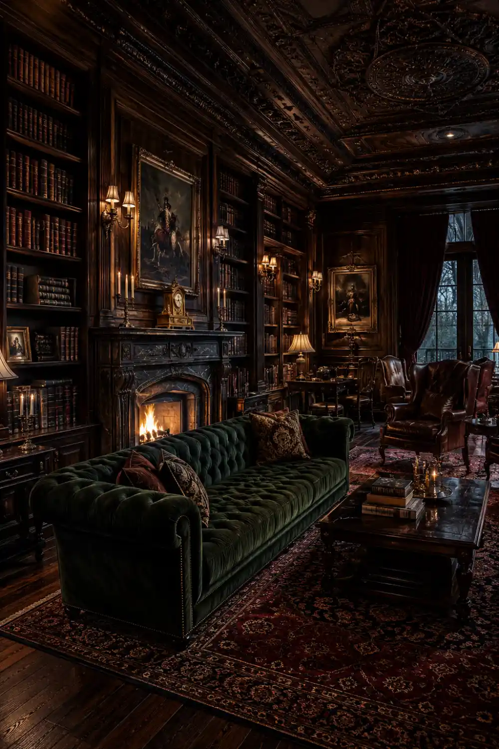 Dark academia old money living room with dark wood walls, green velvet Chesterfield sofa, floor-to-ceiling bookshelves, vintage artwork, ornate ceilings, Persian rug, candlelight ambiance, and moody luxury library interior inspiration.