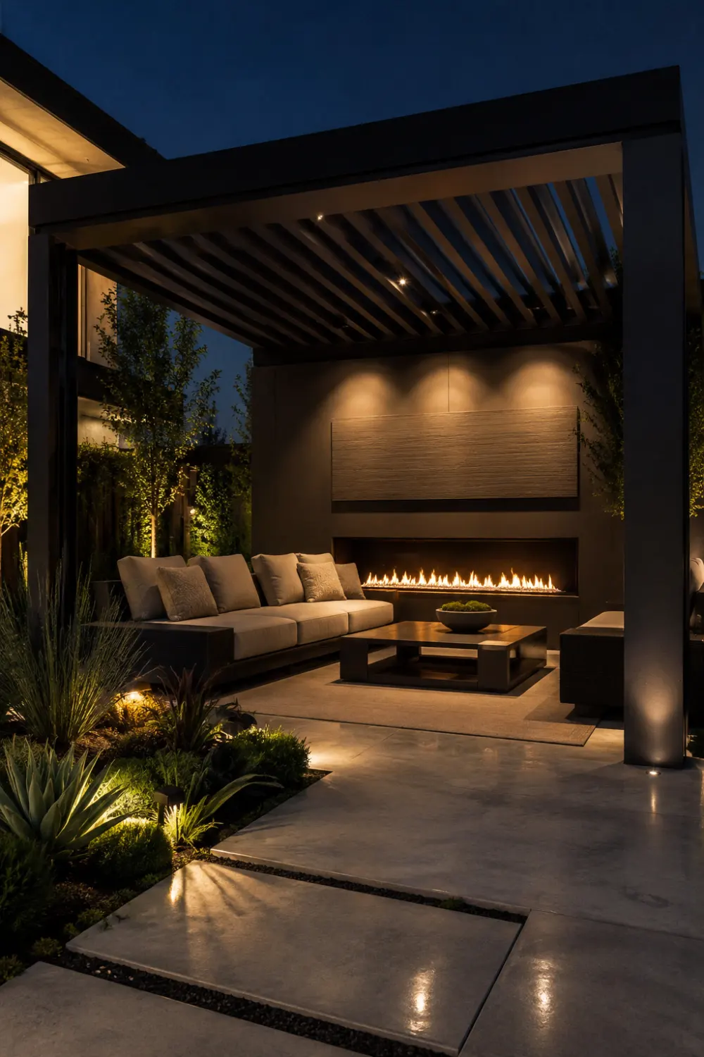Minimalist black gazebo with sleek fireplace wall, neutral outdoor seating, soft ambient lighting, large stone flooring, and modern luxury backyard lounge design during nighttime.