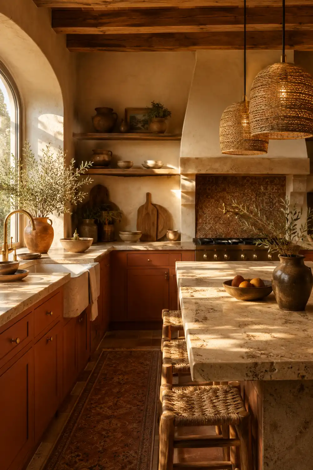 Warm terracotta kitchen cabinets with rustic wood beams, woven pendant lights, stone countertops, and Mediterranean inspired kitchen decor