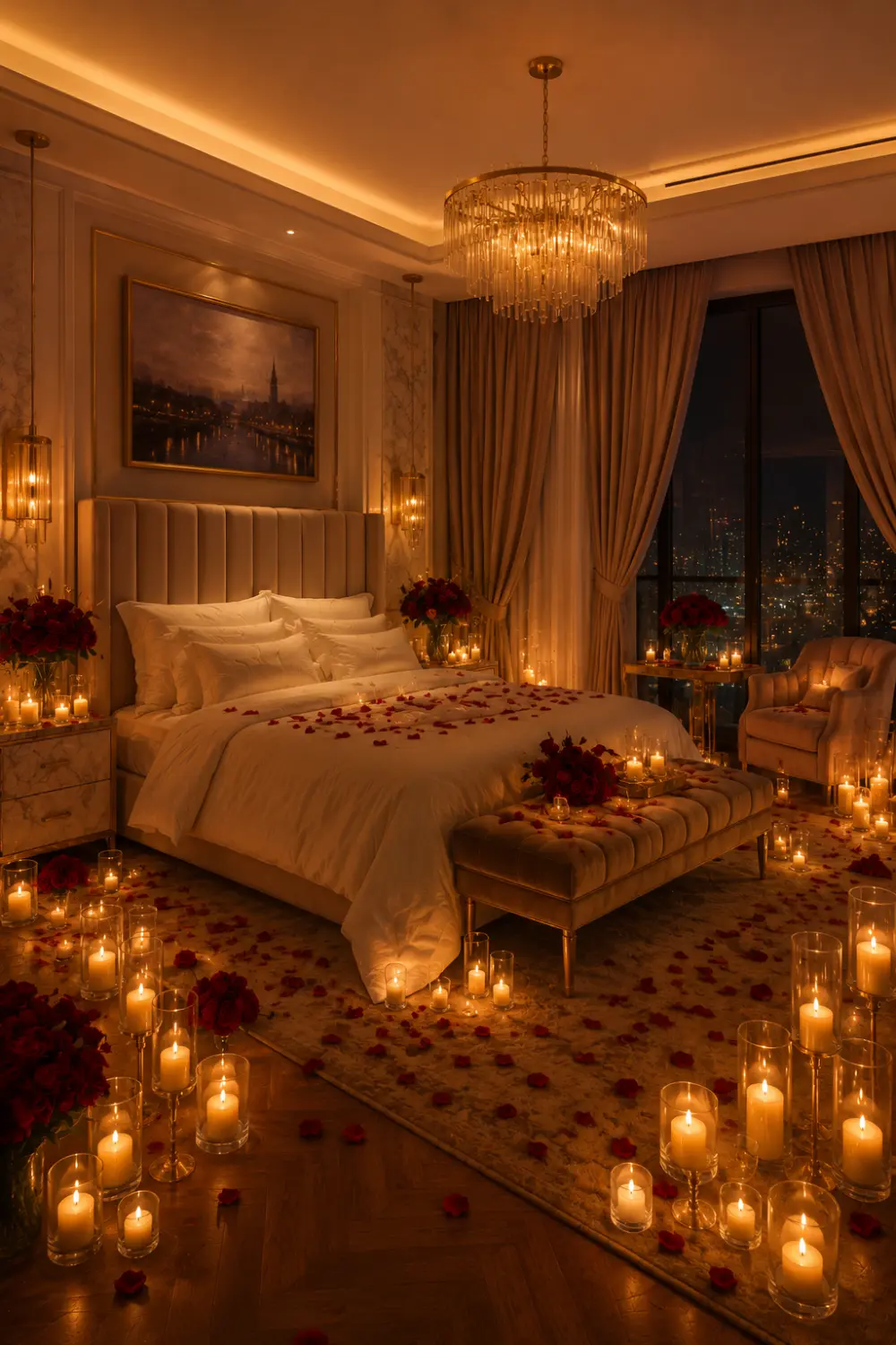Luxury candlelit romantic bedroom with rose petals, crystal chandelier, warm ambient lighting, upholstered bed, city skyline view, glowing candles, velvet bench seating, and elegant honeymoon suite atmosphere.