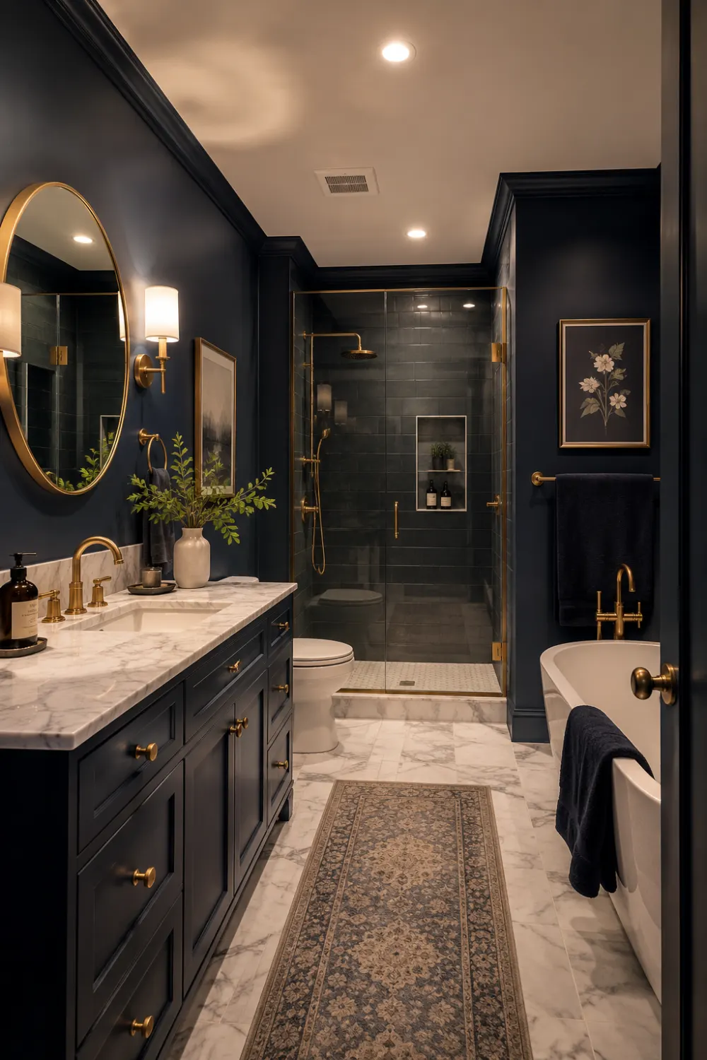 Elegant navy blue bathroom with brass fixtures, marble countertop, gold mirror, navy vanity cabinets, warm lighting, luxury decor, framed artwork, and sophisticated modern bathroom interior inspiration.