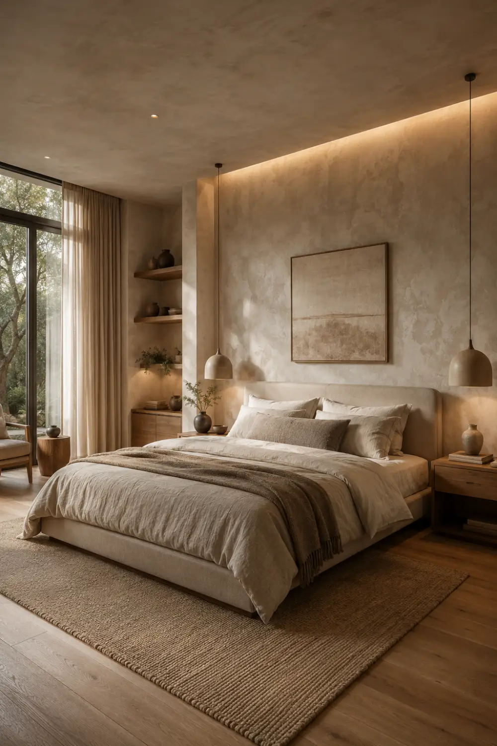 Minimalist bedroom with textured limewash plaster feature wall, neutral beige decor, modern pendant lights, linen bedding, earthy tones, soft ambient lighting, organic textures, warm wood furniture, and elegant modern bedroom inspiration.
