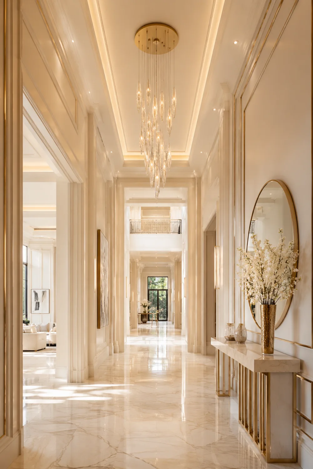 Elegant cream and gold entry hallway with crystal chandelier, glossy marble flooring, oversized round mirror, luxury wall molding, slim console table, warm lighting, and upscale modern foyer interior design.